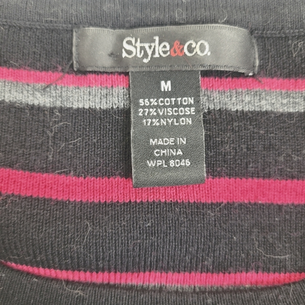 Style&Co Pink Gray Stripes Black baby doll knit sweater boho flare coquette M - Picture 2 of 10